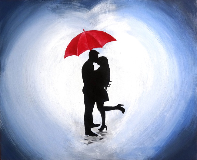 couple kissing under umbrella silhouette painting